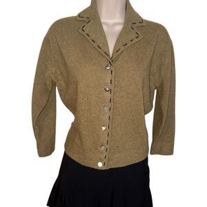 Dalton 100% Cashmere Knit Black Collar Tan Button-Up Cardigan Sweater Soft